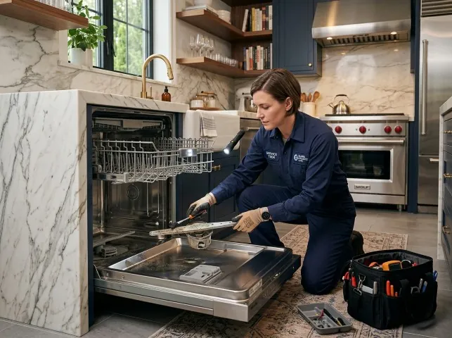 Appliance Repair Hero technician servicing a built-in dishwasher in a Aurora, SD kitchen