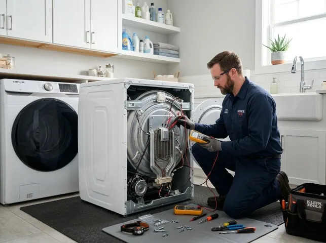 Appliance Repair Hero technician checking a dryer heating element with the rear panel off in Aurora, SD