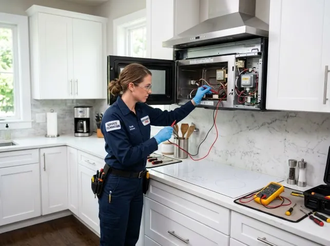 Appliance Repair Hero technician testing an over-the-range microwave in a Aurora, SD kitchen