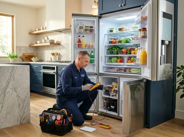 Appliance Repair Hero refrigerator technician testing a fridge on a Aurora, SD service call