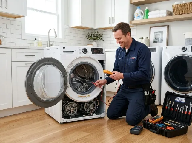 Appliance Repair Hero technician testing a front-load washer with a multimeter on a Aurora, SD service call